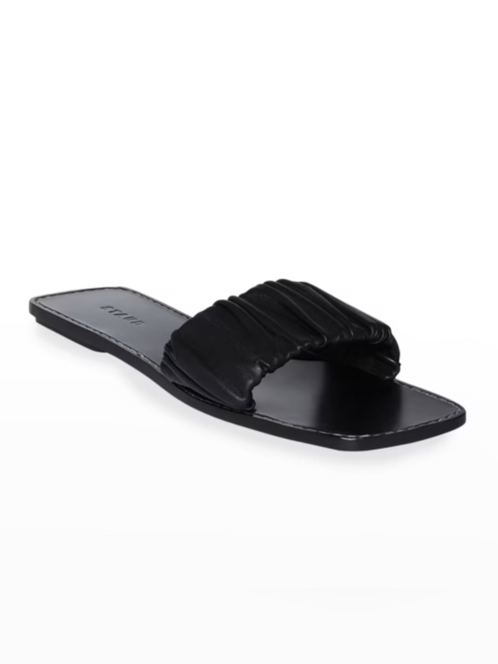 STAUD- Nina Black Ruched Leather Slide Sandal